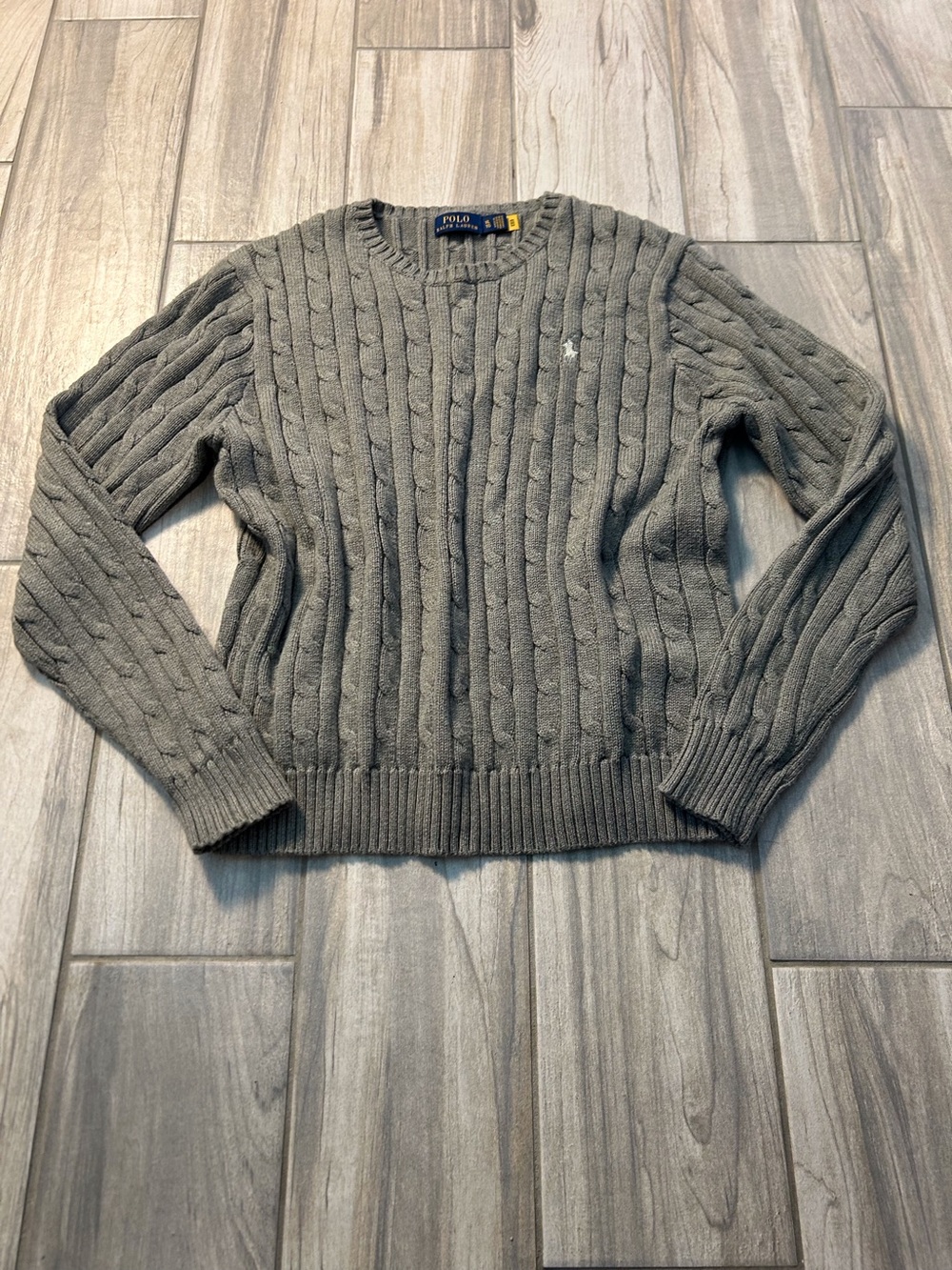 100% Cotton Cable Knit Pullover Sweater Gray Women’s XL Embroidered Polo Player